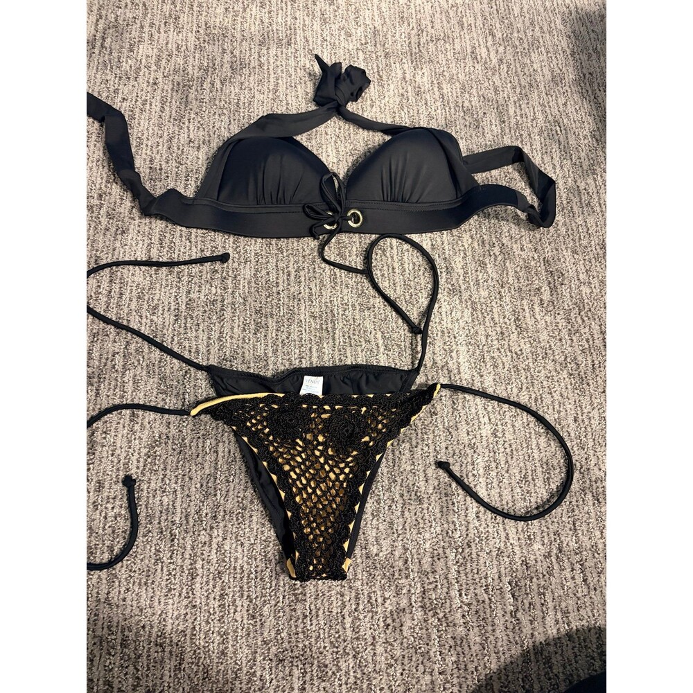 BN women swimsuit 2 piece string bikini sexy black crochet VENUS size 2 size C